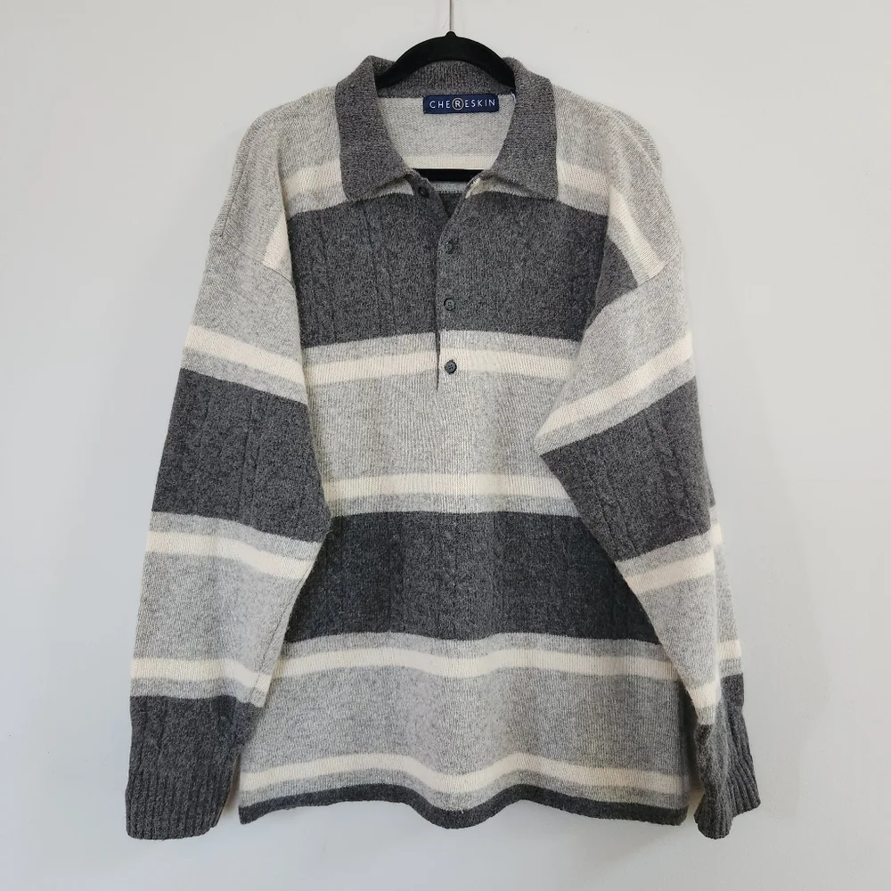 Vintage Ron Chereskin Lamswool Angora Rabbit Hair Men's Gray Striped  Sweater